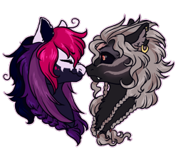 Size: 750x700 | Tagged: safe, artist:lavvythejackalope, imported from derpibooru, oc, oc only, earth pony, pony, bust, commission, duo, ear fluff, ear piercing, earring, earth pony oc, eyes closed, jewelry, looking at each other, piercing, simple background, smiling, transparent background, ych result