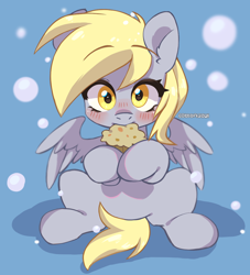 Size: 1000x1100 | Tagged: safe, artist:cottonsweets, imported from derpibooru, derpy hooves, pegasus, pony, blushing, cute, derpabetes, female, food, mare, muffin, sitting, solo, underp