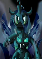 Size: 2480x3508 | Tagged: safe, artist:leonkay, imported from derpibooru, queen chrysalis, changeling, changeling queen, duo, fangs, female, high res, mommy chrissy, petting