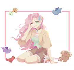 Size: 1280x1215 | Tagged: safe, artist:kameko_mikan, artist:kamekomikan, imported from derpibooru, fluttershy, bird, butterfly, human, rabbit, squirrel, animal, breasts, busty fluttershy, carrot, choker, clothes, cute, ear piercing, earring, female, food, hairclip, humanized, jacket, jewelry, one eye closed, piercing, shorts, shyabetes, simple background, solo, white background, windswept hair, wink