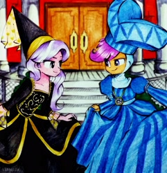 Size: 2967x3072 | Tagged: safe, artist:liaaqila, imported from derpibooru, diamond tiara, scootaloo, equestria girls, clothes, commission, costume, curtsey, dress, gown, hat, hennin, high res, jewelry, looking at each other, necklace, traditional art