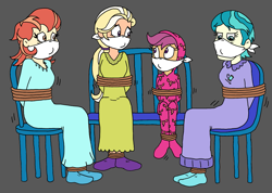 Size: 2067x1470 | Tagged: safe, artist:bugssonicx, imported from derpibooru, aunt holiday, auntie lofty, mane allgood, scootaloo, equestria girls, arm behind back, bondage, bound and gagged, cloth gag, clothes, costume, footed sleeper, footie pajamas, gag, help us, kigurumi, nightgown, onesie, otn gag, over the nose gag, pajamas, rope, rope bondage, tied to chair, tied up