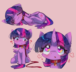 Size: 1058x1001 | Tagged: safe, artist:lexiedraw, imported from derpibooru, twilight sparkle, alicorn, pony, unicorn, :3, :o, blushing, collar, leash, looking at you, open mouth, pet, pet play, pet tag, pettwi, pony pet, question mark, sleeping, solo, twilight sparkle (alicorn)
