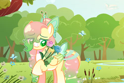 Size: 1280x854 | Tagged: safe, artist:fourteennails, imported from derpibooru, fluttershy, butterfly, pegasus, pony, alternate design, base used, bow, eye clipping through hair, female, flower, flower in hair, forest, gradient mane, hair bow, mare, solo, tail bow, unshorn fetlocks