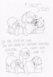 Size: 1600x2300 | Tagged: safe, artist:datspaniard, imported from derpibooru, oc, oc:silvertip, oc:sweet dreams, earth pony, pony, unicorn, adult foal, bed, cute, monochrome, pacifier, plushie, sabaton, song reference, world war ii