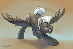 Size: 3000x2000 | Tagged: safe, artist:jedayskayvoker, imported from derpibooru, thunderlane, pegasus, pony, colored, colored sketch, eyes closed, full color, gradient background, grin, high res, male, sketch, smiling, solo, spread wings, stallion, stretching, stupid sexy thunderlane, wings