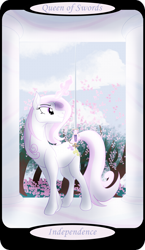 Size: 1500x2595 | Tagged: safe, artist:sixes&sevens, imported from derpibooru, part of a set, fleur-de-lis, pony, unicorn, cherry blossoms, cloud, female, flower, flower blossom, levitation, magic, minor arcana, pillar, queen of swords, rapier, solo, sword, tarot card, telekinesis, weapon