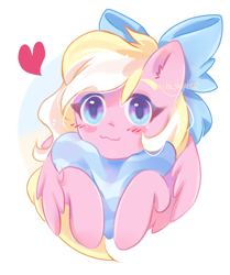 Size: 893x1066 | Tagged: safe, artist:finlywhisk, imported from derpibooru, oc, oc only, oc:bay breeze, pegasus, pony, blushing, bow, cute, female, hair bow, heart, heart pillow, looking at you, mare, ocbetes, pillow, simple background, white background