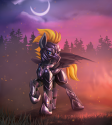 Size: 2550x2850 | Tagged: safe, artist:richmay, imported from derpibooru, oc, oc:blaze (shadowbolt), pegasus, armor, armored pony, chainmail, fire, forest, high res, looking at you, moon, night guard, night guard armor, pegasus oc, slit eyes, slit pupils, wings