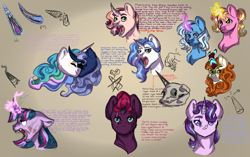 Size: 2000x1257 | Tagged: safe, artist:rainydayjitters, imported from derpibooru, autumn blaze, luster dawn, princess celestia, princess luna, starlight glimmer, tempest shadow, trixie, twilight sparkle, kirin, pony, angry, curved horn, horn, skull