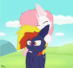 Size: 2000x1858 | Tagged: safe, artist:graphictoxin, artist:toxinagraphica, imported from derpibooru, oc, oc only, alicorn, pegasus, pony, semi-anthro, :c, ^^, biting, cheek fluff, chest fluff, cloud, colored sketch, cute, duo, ear fluff, eyes closed, fangs, female, fluffy, frown, grass, happy, horn, male, mare, no pupils, shipping, sketch, sky, smiling, stallion, straight, wings