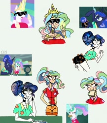 Size: 2857x3288 | Tagged: safe, artist:citi, imported from derpibooru, screencap, princess celestia, princess luna, human, between dark and dawn, alternate hairstyle, eyeshadow, high res, humanized, makeup, ponytail, scene interpretation, screencap reference, starry hair, sunglasses