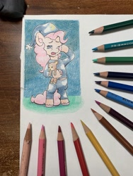 Size: 3024x4032 | Tagged: safe, artist:lost marbles, imported from derpibooru, pinkie pie, earth pony, pony, clothes, colored pencil drawing, female, hat, nightcap, pajamas, solo, solo female, teddy bear, traditional art