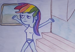 Size: 1706x1178 | Tagged: safe, artist:dex stewart, imported from derpibooru, rainbow dash, human, equestria girls, belly button, clothes, lingerie, solo, stairs, traditional art, underwear