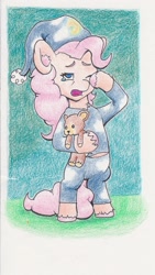 Size: 936x1659 | Tagged: safe, artist:lost marbles, imported from derpibooru, pinkie pie, earth pony, pony, clothes, female, hat, nightcap, one eye closed, open mouth, pajamas, rubbing eyes, sleepy, solo, solo female, teary eyes, teddy bear, traditional art, yawn