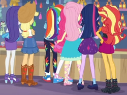 Size: 2553x1920 | Tagged: safe, imported from derpibooru, screencap, applejack, fluttershy, pinkie pie, rainbow dash, rarity, sci-twi, sunset shimmer, twilight sparkle, equestria girls, equestria girls series, rollercoaster of friendship, applejack's hat, boots, clothes, converse, cowboy boots, cowboy hat, cropped, cutie mark, cutie mark on clothes, female, hat, high heels, hoodie, humane five, humane seven, humane six, photo booth (song), ponytail, rarity peplum dress, rear view, shoes, sneakers