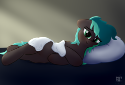 Size: 4000x2700 | Tagged: safe, artist:potato22, imported from derpibooru, oc, oc only, oc:breeze packets, earth pony, pony, bed, blanket, female, lidded eyes, looking at you, mare, solo