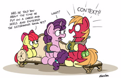 Size: 2700x1758 | Tagged: safe, artist:bobthedalek, imported from derpibooru, apple bloom, big macintosh, sugar belle, earth pony, pony, unicorn, brotherhooves social, cider, couch, embarrassed, female, filly, implied crossdressing, male, mare, open mouth, panicking, shipping, stallion, straight, sugarmac, tankard, trio