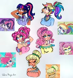 Size: 1929x2073 | Tagged: safe, artist:valeriamagicart, imported from derpibooru, screencap, applejack, fluttershy, pinkie pie, rainbow dash, rarity, twilight sparkle, alicorn, earth pony, human, pegasus, pony, unicorn, my little pony: pony life, what goes updo, spoiler:pony life s02e17, alternate hairstyle, clothes, cute, dark skin, dashabetes, dress, g4.5, humanized, jackabetes, jewelry, mane six, necklace, pony life, ponytail, scene interpretation, screencap reference, shyabetes, signature, simple background, traditional art, twiabetes, twilight sparkle (alicorn)