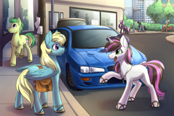 Size: 1280x854 | Tagged: safe, artist:cosmalumi, artist:its-gloomy, artist:jedayskayvoker, imported from derpibooru, oc, oc only, oc:embee, oc:rosy stripes, earth pony, pony, unicorn, fanfic art, subaru, subaru impreza