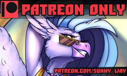 Size: 1200x718 | Tagged: safe, artist:sunny way, imported from derpibooru, silverstream, anthro, hippogriff, advertisement, art, artwork, cute, digital art, erotic, exclusive, fanart, feather, female, mlp fim, my little pony, patreon, patreon exclusive, patreon logo, pinup, smiling, solo, sunglasses, wings