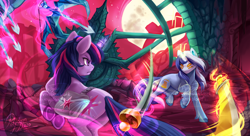 Size: 1980x1080 | Tagged: safe, artist:chillyfish, imported from derpibooru, minuette, twilight sparkle, pony, unicorn, arrow, backpack, bag, context is for the weak, dead cells, duel, four eyes, full moon, magic, moon, saddle bag, sword, timekeeper, underhoof, unicorn twilight, weapon