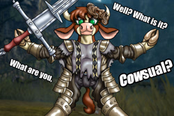 Size: 1280x854 | Tagged: safe, artist:korencz11, imported from derpibooru, arizona cow, cow, them's fightin' herds, arizona (tfh), armor, arms spread out, bipedal, casual, community related, crossover, dark souls, giantdad, giants, looking at you, mask, meme, pun, solo, sword, text, underhoof, weapon, zweihander