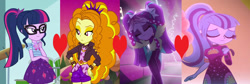 Size: 1784x600 | Tagged: safe, edit, edited screencap, imported from derpibooru, screencap, adagio dazzle, aria blaze, sci-twi, sonata dusk, twilight sparkle, equestria girls, equestria girls series, find the magic, overpowered (equestria girls), sunset's backstage pass!, spoiler:eqg series (season 2), female, lesbian, polyamory, polygamy, sci-twinata, shipping, shipping domino, twinata