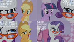 Size: 2000x1125 | Tagged: safe, edit, edited screencap, editor:quoterific, imported from derpibooru, screencap, applejack, rarity, twilight sparkle, earth pony, pony, unicorn, suited for success, applejack's hat, carousel boutique, clothes, cowboy hat, dress, female, glasses, hat, mannequin, mare, rarity's glasses, unicorn twilight