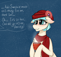 Size: 3552x3306 | Tagged: safe, artist:mix333, derpibooru exclusive, imported from derpibooru, coco pommel, earth pony, pony, blushing, breath, chocolate, clothes, cocobetes, cute, female, floppy ears, food, hat, high res, hot chocolate, implied lesbian, implied marshmallow coco, implied rarity, implied shipping, mare, marshmallow, mug, offscreen character, scarf, simple background, smiling, snow, snowfall, solo, solo focus, steam, text