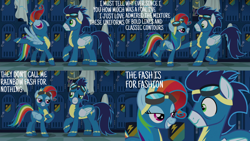 Size: 2000x1125 | Tagged: safe, edit, edited screencap, editor:quoterific, imported from derpibooru, screencap, rainbow dash, soarin', pegasus, pony, newbie dash, clothes, female, goggles, male, mare, nose in the air, stallion, uniform, volumetric mouth, wonderbolts uniform