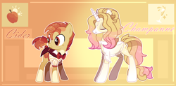 Size: 3218x1577 | Tagged: safe, artist:beautifulspaceshow, imported from derpibooru, oc, oc only, oc:golden champagne, oc:golden cider (ice1517), earth pony, pony, unicorn, bowtie, brother and sister, clothes, coat, eyes closed, female, freckles, male, mare, markings, multicolored hair, shirt, siblings, socks, stallion, stockings, thigh highs