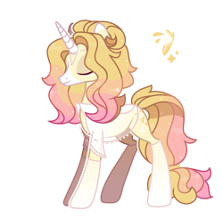 Size: 1609x1577 | Tagged: safe, artist:beautifulspaceshow, imported from derpibooru, imported from ponybooru, oc, oc only, oc:golden champagne, pony, unicorn, clothes, eyes closed, female, mare, markings, multicolored hair, shirt, simple background, socks, solo, stockings, thigh highs, white background