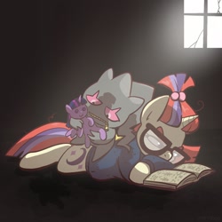 Size: 2048x2048 | Tagged: safe, artist:pfeffaroo, imported from derpibooru, moondancer, banette, pony, unicorn, book, clothes, duo, female, frown, glasses, grudge, high res, holding, indoors, looking at something, lying down, mare, moondancer's sweater, plushie, pokémon, prone, reading, sweater, twilight sparkle plushie, window