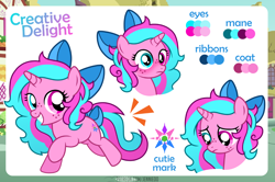 Size: 1200x798 | Tagged: safe, artist:jennieoo, imported from derpibooru, oc, oc only, oc:creative delight, pony, unicorn, female, filly, foal, happy, heterochromia, reference, reference sheet, ribbon, running, sad, show accurate, shy, smiling, solo, vector