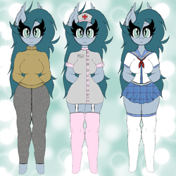 Size: 3543x3543 | Tagged: safe, artist:chubbehbunneh16, imported from derpibooru, oc, oc only, oc:midnight melody, anthro, bat pony, unguligrade anthro, adorasexy, bat pony oc, bat wings, clothes, cute, ear fluff, female, garter belt, garters, hat, high res, mare, name tag, nurse hat, nurse outfit, pants, school uniform, sexy, skirt, socks, solo, stockings, sweater, sweatpants, thigh highs, wings