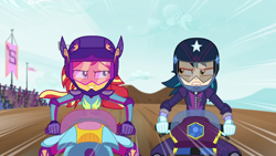 Size: 1920x1080 | Tagged: safe, imported from derpibooru, screencap, indigo zap, sunset shimmer, equestria girls, friendship games, clothes, friendship games motocross outfit, friendship games outfit, gloves, helmet, motocross outfit, motorcross, motorcycle, motorcycle outfit, tri-cross relay outfit