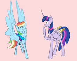 Size: 492x387 | Tagged: safe, artist:mushroompone, imported from derpibooru, rainbow dash, twilight sparkle, alicorn, pegasus, pony, chest fluff, colored wings, colored wingtips, curved horn, cute, dashabetes, eyes closed, female, folded wings, gasp, horn, large wings, lesbian, lesbian dash, lesbian twilight, long horn, one hoof raised, pink background, raised hoof, shipping, showing off, simple background, size difference, smiling, spread wings, twidash, twilight sparkle (alicorn), wings