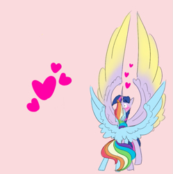 Size: 827x829 | Tagged: safe, artist:mushroompone, imported from derpibooru, rainbow dash, twilight sparkle, alicorn, pegasus, pony, blushing, colored wings, colored wingtips, cute, dashabetes, eyes closed, female, floating heart, floppy ears, gasp, heart, horn, kissing, large wings, lesbian, lesbian dash, lesbian twilight, long horn, pink background, shipping, shocked, showing off, simple background, size difference, spread wings, twiabetes, twidash, twilight sparkle (alicorn), wings