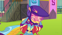 Size: 1920x1079 | Tagged: safe, imported from derpibooru, screencap, sunset shimmer, equestria girls, friendship games, clothes, friendship games motocross outfit, friendship games outfit, gloves, helmet, motocross outfit, motorcross, motorcycle outfit, solo, tri-cross relay outfit