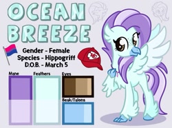 Size: 1037x771 | Tagged: safe, artist:redpalette, imported from derpibooru, oc, oc only, oc:ocean breeze, classical hippogriff, hippogriff, baseball cap, bisexual pride flag, cap, claws, clothes, color palette, hat, hippogriff oc, jewelry, kansas city chiefs, looking at you, pride, pride flag, ref, reference sheet, smiling, smiling at you, solo, spread wings, wings