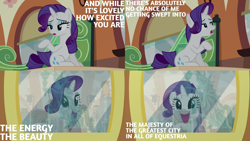 Size: 2000x1125 | Tagged: safe, edit, edited screencap, editor:quoterific, imported from derpibooru, screencap, rarity, pony, unicorn, the gift of the maud pie, cute, friendship express, manehattan, open mouth, raribetes, smiling, solo
