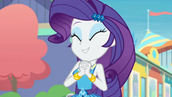 Size: 3410x1920 | Tagged: safe, imported from derpibooru, screencap, rarity, equestria girls, equestria girls series, rollercoaster of friendship, ^^, bracelet, clothes, cute, cutie mark, cutie mark on clothes, daaaaaaaaaaaw, equestria land, eyes closed, female, hairpin, hnnng, jewelry, raribetes, rarity peplum dress, smiling, solo