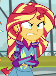 Size: 444x594 | Tagged: safe, imported from derpibooru, screencap, sunset shimmer, equestria girls, friendship games, angry, arms folded, cropped, crossed arms, friendship games motocross outfit, friendship games outfit, motocross outfit, motorcycle outfit, solo, tri-cross relay outfit