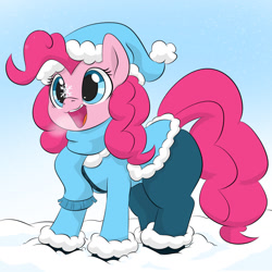 Size: 1280x1280 | Tagged: safe, artist:dendollae, imported from derpibooru, pinkie pie, earth pony, pony, breath, clothes, cute, diapinkes, female, happy, mare, snow, snowflake, solo, visible breath, winter, winter outfit