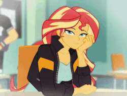 Size: 560x424 | Tagged: safe, artist:nairdags, imported from derpibooru, imported from ponybooru, sunset shimmer, equestria girls, animated, bedroom eyes, blinking, blushing, blushing profusely, breasts, caught, cleavage, cute, embarrassed, female, gif, hand on face, lidded eyes, looking at you, looking away, shimmerbetes, sitting, solo, tsundere, tsunset shimmer