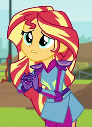 Size: 335x462 | Tagged: safe, imported from derpibooru, screencap, sunset shimmer, equestria girls, friendship games, cropped, friendship games motocross outfit, friendship games outfit, lip bite, motocross outfit, motorcycle outfit, solo, tri-cross relay outfit