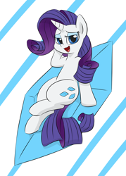 Size: 750x1050 | Tagged: safe, artist:dendollae, imported from derpibooru, rarity, pony, unicorn, cutie mark background, female, gem, hoof on cheek, lidded eyes, looking at you, mare, open mouth, sitting, smiling, solo