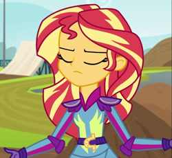 Size: 659x607 | Tagged: safe, imported from derpibooru, screencap, sunset shimmer, equestria girls, friendship games, clothes, cropped, eyes closed, friendship games motocross outfit, friendship games outfit, gloves, motocross outfit, motorcross, motorcycle outfit, solo, tri-cross relay outfit