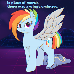 Size: 1000x1000 | Tagged: safe, artist:dendollae, imported from derpibooru, rainbow dash, pegasus, pony, alternate timeline, amputee, apocalypse dash, artificial wings, augmented, clothes, crystal war timeline, eye scar, female, hug request, looking at you, mare, prosthetic limb, prosthetic wing, prosthetics, retrowave, scar, smiling, soldier, solo, synthwave, torn ear, undressing, uniform, vhs, wings